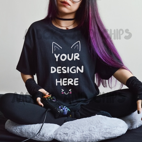 Gamer Girl Black Gildan 5000 Mockup Female G5000 Gaming Shirt mock Dyed Hair model Geek Women Mock Punk Goth G 5000 t-shirt Cute Nerd Mock