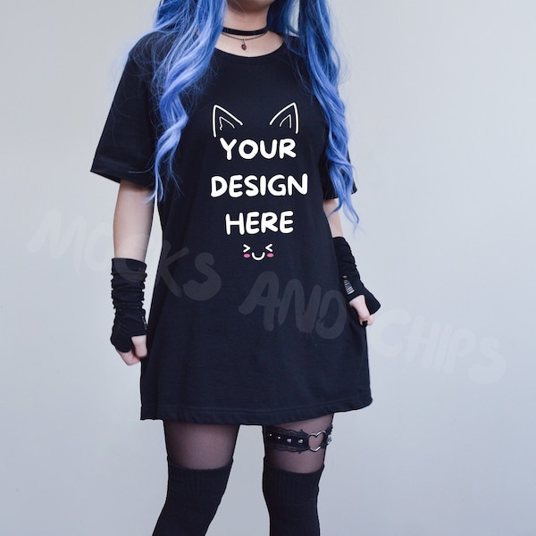 Gothic Black Bella Canvas 3001 Mockup BC 3001 Oversized Kawaii mock Blue Hair Grunge Japanese model Asian Women Punk Aesthetic Alt POD mock