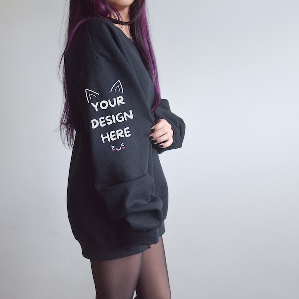 Black Gildan 18000 Sleeve Mockup Oversized G18000 sweater Fall female Side Mock Minimalistic Gothic Japanese model Trendy G18000 Women POD