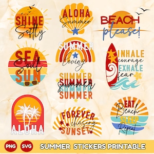 Summer Sticker Bundle PNG SVG, Printable Summer Designs, Retro Sunset Beach Quotes,Vacation Stickers