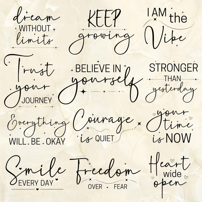 K&ouml;nnte beinhalten: Eine Sammlung inspirierender Zitate in eleganter schwarzer Schrift auf hellem Beige. S&auml;tze wie "Tr&auml;ume ohne Grenzen", "Wachse weiter" und "Glaube an dich" sind enthalten. Das Gesamtthema ist motivierend und positiv.