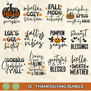 Thanksgiving Fall SVG Bundle, Autumn Quotes PNG, Autumn Designs for Cricut, Thanksgiving Svg, Hello Fall Svg, Autumn Svg, Svg, Png