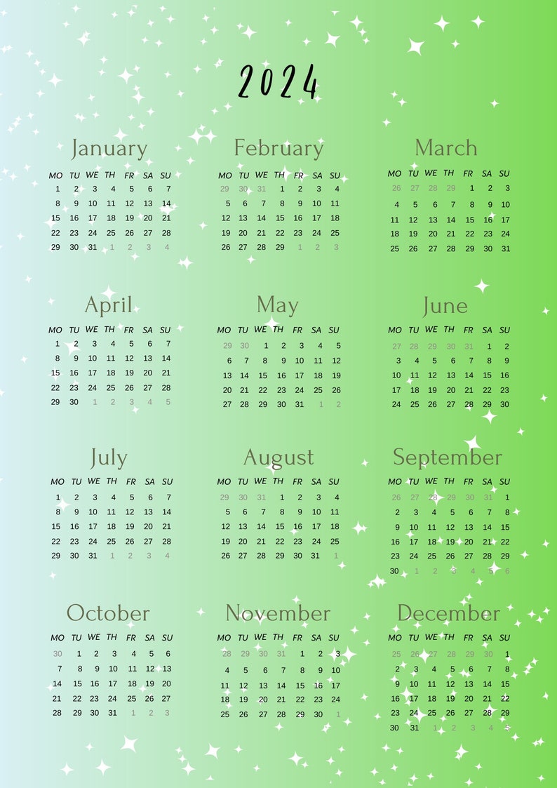 2024 Yearly Calendar, Year at a Glance Green/blue Sparkle Etsy