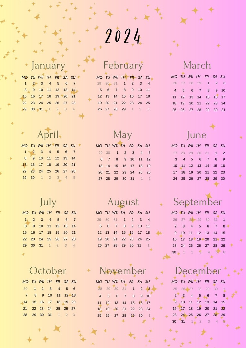 2024 Yearly Calendar, Year at a Glance Pink Sparkle (Instant Download