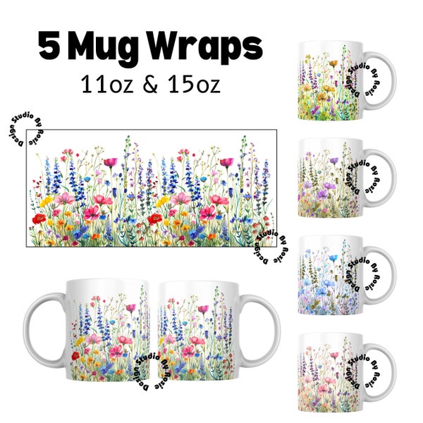 5 Mug Wrap Spring Wild Flower Design, 11oz 15oz Mug , Coffee Mug Sublimation, JPG & PNG Instant download P2005-WF