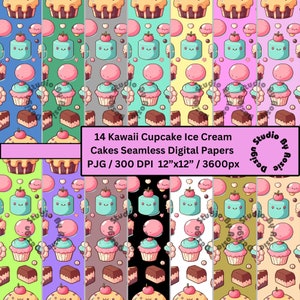 14 Modèle sans couture de gâteau à la crème glacée de petit gâteau du désert kawaii, 12 x 12 300 DPI JPG Téléchargement instantané carte de fond d'emballage cadeau de livre
