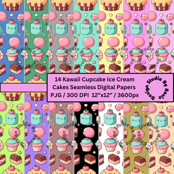 14 Kawaii Desert Cupcake Ice Cream Cake Seamless Pattern, 12x12 300DPI JPG Instant download scrap book gift wrapping background card