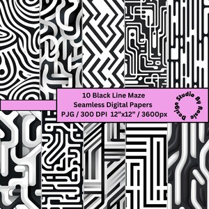 Papier numérique ligne noire motif Scrapbooking, papier d'emballage de fond, travaux manuels en papier, cartes, 12 x 12 po. Téléchargement instantané 10 fichiers JPG