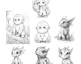 10 Coloring Pages for Children, Baby Dragons and Gorillas