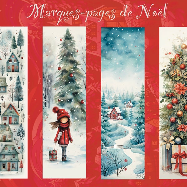 4 Christmas bookmarks to print, naive art, Christmas gift, reading fan, pretty illustrations