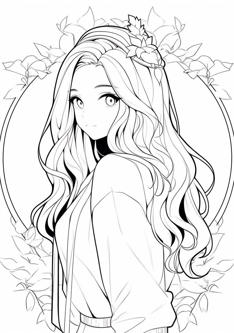 Page de coloriage, Jolie Jeune Fille, Lyrique, Couronne de Fleurs