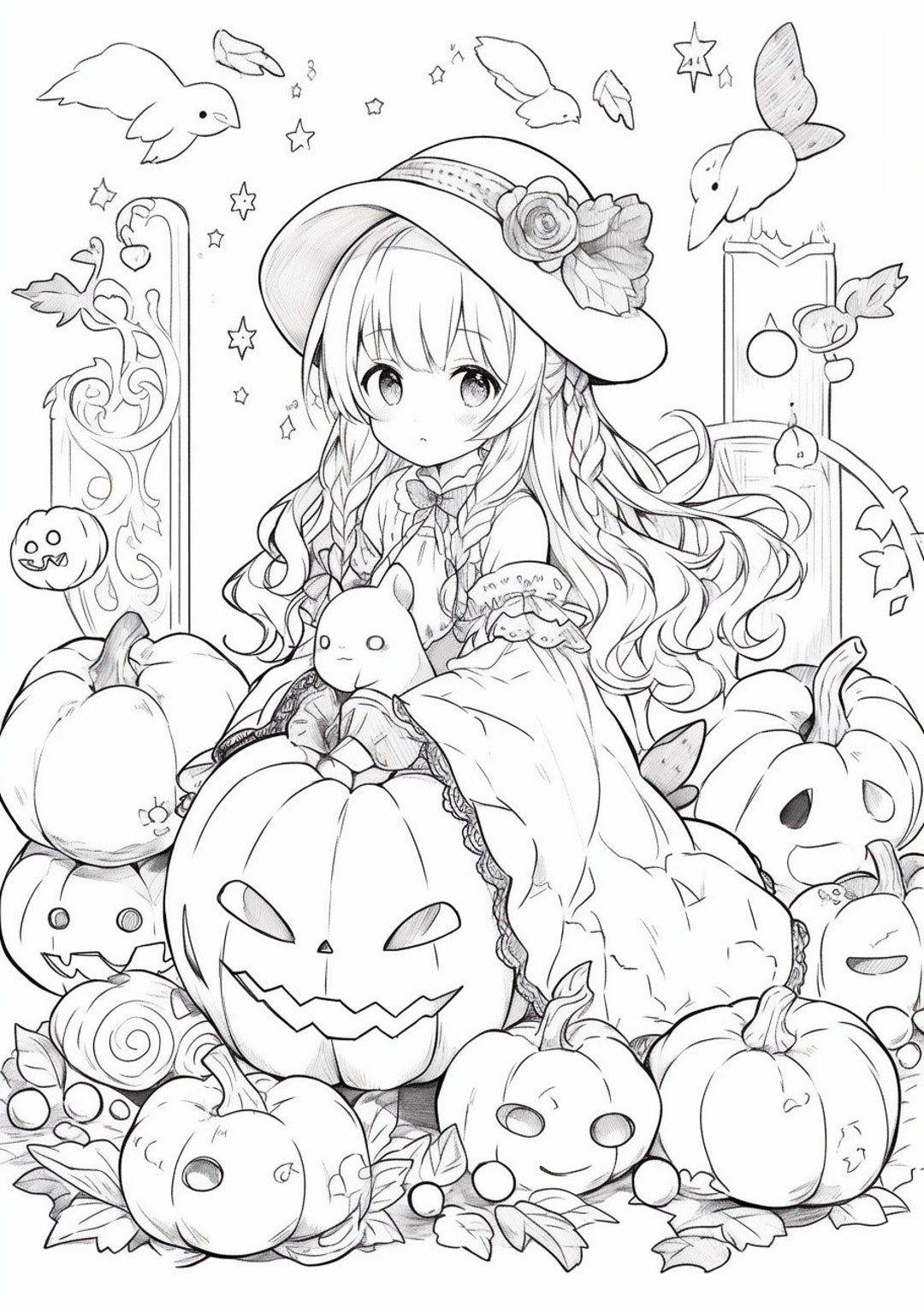 Coloring Page, for Children, Halloween, Pumpkins, Young Girl - Etsy
