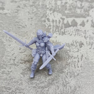Może przedstawiać: Szara, trójwymiarowa figurka miniaturowa wojowniczki z mieczem i sztyletem. Figurka jest ubrana w zbroję i płaszcz.
