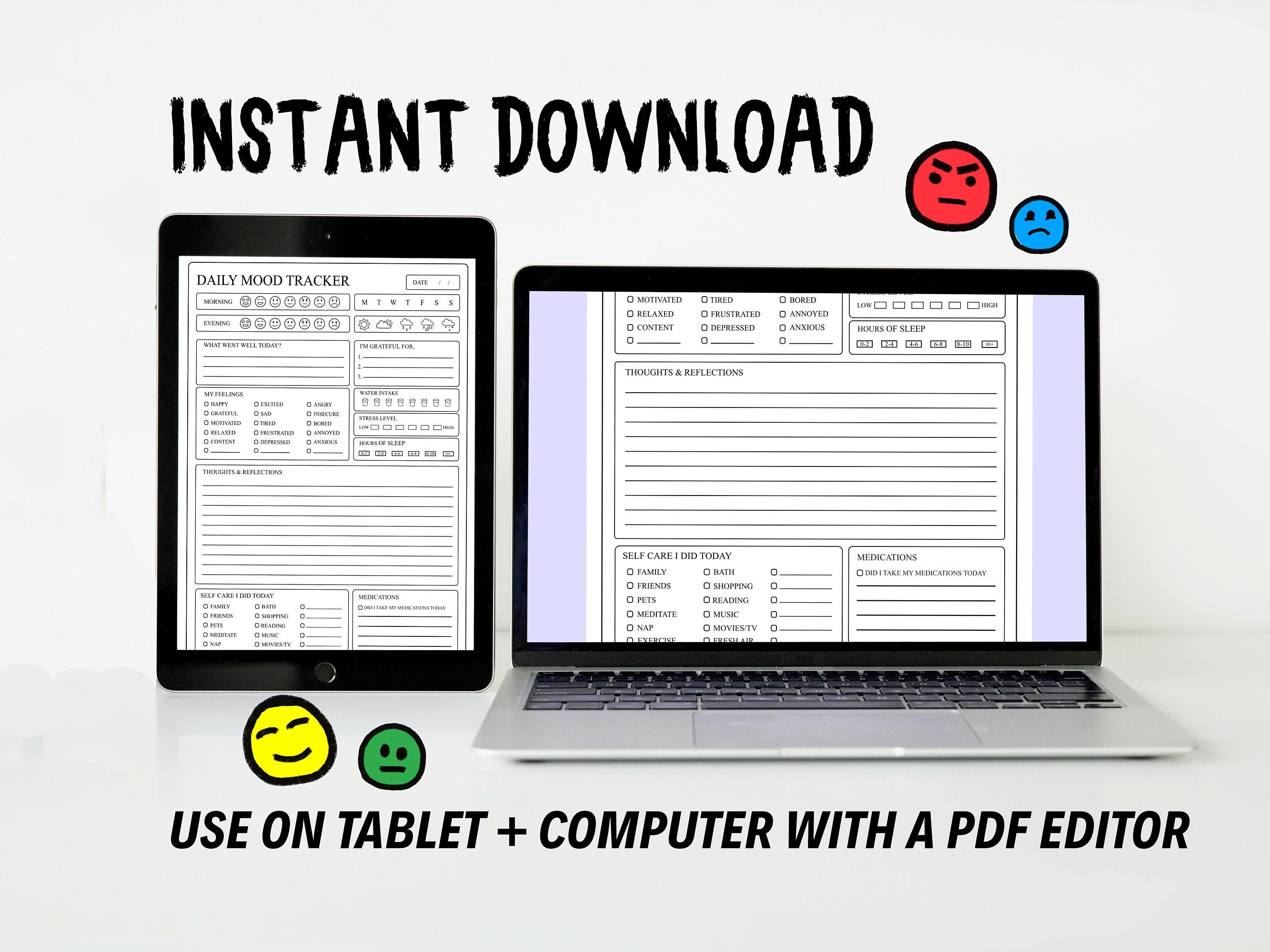 Printable Daily Mood Tracker Chart Instant Download, Simple Black and