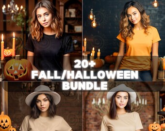 Pode incluir: Uma colagem de quatro imagens com mulheres vestindo camisetas lisas em diferentes cores contra um fundo de outono/Halloween. As imagens incluem abóboras, velas e outras decorações de outono. O texto "20+ FALL/HALLOWEEN BUNDLE" é exibido no centro da colagem.