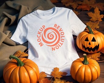 May include: White t-shirt with a graphic design that says "Revolution Mockup" in a circle with a swirl design. The t-shirt is laying on a wooden surface with fall leaves and two orange pumpkins.