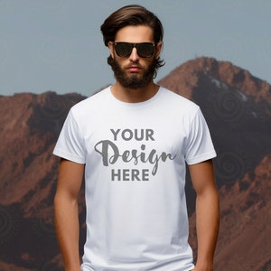 White Bella Canvas 3001 Mockup Male Model Mockup 3001 Man Shirt Mockup T-Shirt Mockup Nature Mockup Mountains White Tee Mock Outdoor