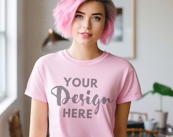 Comfort Colors C1717 Pink Mockup Blossom Pink Outdoors Mockup Model Mockup Trendy Mock Aesthetic Mockup Pink Colored Shirt Ivory Mockup