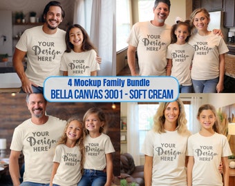 Mockup familiemodel Bella Canvas 3001 zachte crème mockup moeder en peuter vader dochter Bella Canvas canvas mock-up zand tshirt mockup
