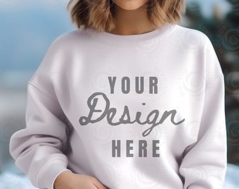 Gildan 18000 Mockup Gildan White Sweatshirt Mockup White Gildan Crewneck Mockups Sweatshirt Model Mockup Heavy Blend Sweater Winter Mock ups