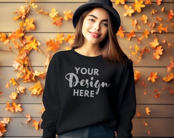 Black Gildan 18000 Mockup, Sweatshirt Model Mockup, Simple Mockup, Black Gildan 18000 Sweathshirt Mockup, Fall Mockup, Black Gildan 18000