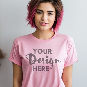Pink Bella Canvas 3001 Mockup, Lifestyle Bella Canvas Mockup, Pink T-Shirt Mockup, Female Model Mock, 3001 T-shirt Mockup Pink, Women Mockup