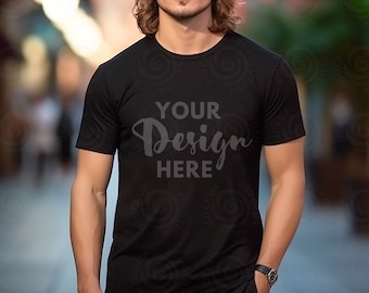 Black Bella Canvas 3001 Mockup Male t-shirt Mockup Male Model Mockup Lifestyle Mockup Black Tee Mockup Outdoor Mockup Black Tshirt mock up