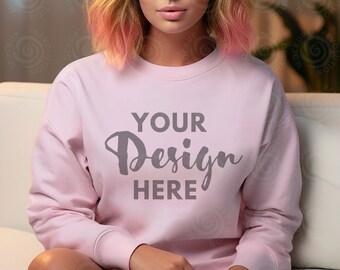 Gildan 18000 Mockup pink Gildan Sweatshirt Mockup Light pink Gildan 18000 Crewneck Mockups Sweatshirt Model Mockup Heavy Blend Sweater