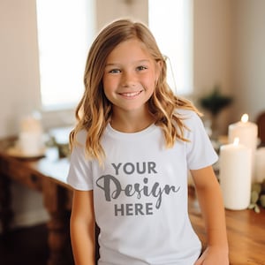 Kids Bella Canvas 3001Y White Mockup Kids Bella Canvas Mockup White Bella Canvas 3001Y Model 3001Y T-shirt Aesthetic Youth Fall Mock-up
