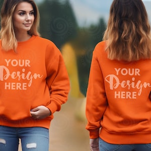 Orange Gildan 18000 tröja mockup fram och bak Gildan parmodell mockup fram och bak mockup bak tröja mockup sweatshirt mockups