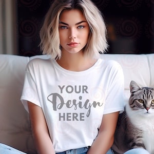 Bella Canvas 3001 Tshirt Mockup White Bella Canvas 3001 T-shirt Mockup With Cat Mockup Cat Mom Mockup Cat Shirt Mockup Cat Lover Fall Mockup