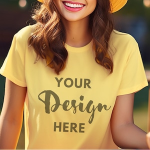 Bella Canvas Yellow 3001 Mockup T-shirt Mockup Female Model Mockup Model 3001 Mockup 3001 T Shirt Party Mockup Yellow Tshirt Lifestyle Mock
