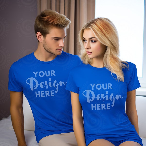 Couple Model Mockups True Royal Bella Canvas 3001 Royal T-shirt Mockup Couple Mockup Men and Women Shirt Mockups Model Mockup Shirt 3001