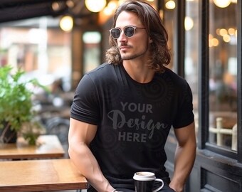 Gildan 5000 Mens Mockup Black Tshirt Mockup 5000 Gildan 5000 Mockup Men Male Model Mockup Black Unisex Tee Mock Outdoor Lifestyle Gildan