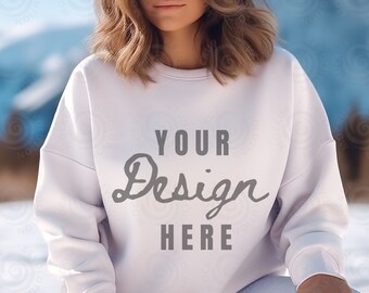 Gildan 18000 Mockup Gildan White Sweatshirt Mockup White Gildan Crewneck Mockups Sweatshirt Model Mockup Heavy Blend Sweater Winter Mock ups