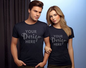 Casal Modelo Mockups Preto Bella Canvas 3001 Camiseta Preta Mockup Casal Mockup Camisa Masculina e Feminina Mockups Modelo Mockup Camisa 3001 Preta