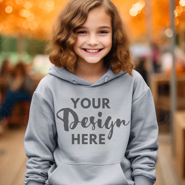 Gildan 18500b Mockup Sport Gray Hooded Sweatshirt Child G18500B Gildan Mock Kids Halloween Sweater Mockup Fall Autumn Girls Hoodie Mockup