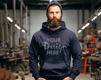 Maqueta de sudadera con capucha azul marino Gildan 18500 Maqueta de modelo para hombre 18500 Maqueta de sudadera azul marino Gildan Maqueta de sudadera con capucha Workshop Lifestyle Mockup