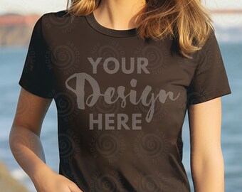 Dark Chocolate Gildan 5000 Mockup Brown T-Shirt Mockup Dark Chocolate Tshirt Mockup Brown Gildan Mockup Female Model Mockup Back Outdoor