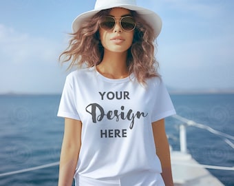 Witte Bella Canvas 3001 mockup wit T-shirt mockup vrouwelijk model zomer strand Bella Canvas mockup vrouw 3001 T-shirt mockup buiten