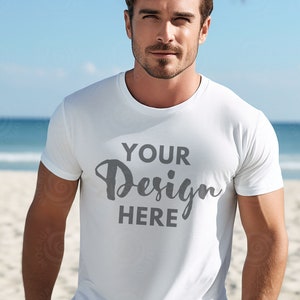 Gildan 5000 Mens Mockup Male Model Mockup White Tshirt Mockup 5000 Gildan Shirt White Unisex Tee Mock Gildan White Outdoor Gildan 5000 Beach