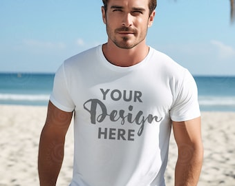 Gildan 5000 Mens Mockup Male Model Mockup White Tshirt Mockup 5000 Gildan Shirt White Unisex Tee Mock Gildan White Outdoor Gildan 5000 Beach