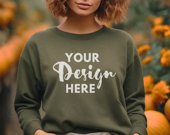 Gildan 18000 Mockup Gildan Military Green Sweatshirt Mockup Sweatshirt Model Mockup Military Green Gildan Crewneck Mockups