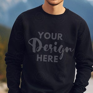 Gildan 18000 Black Mockup Sweatshirt Mens Model Mockup Halloween Mocks 18000 Male Gildan Sweater Mockup Sweatshirt Mockup 18000 Mountain