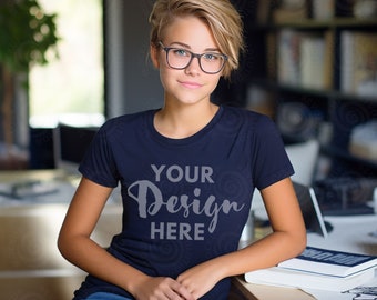 Navy Bella Canvas 3001Y Mockup Youth Girl Tshirt Mockup Kids T-shirt Mock Up t shirt for child BC3001Y Tee mock-up Female Model Mockup Study