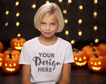 Gildan 5000B White Girl Shirt Mock Up White T-Shirt Mockup Kids Digital Mocks American Child Model Gildan Black Fall Halloween Mocks