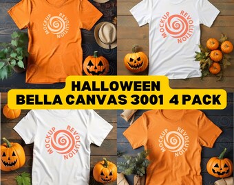 May include: Four orange and white t-shirts with a Halloween-themed design. The design features a swirl with the text "MOCKUP REVOLUTION" on each shirt. The shirts are displayed on a wooden background with pumpkins and fall leaves.
