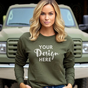 Gildan 18000 Military Green Mockup Sweatshirt Woman Model Mockup Female Gildan Sweater Mockup Halloween Mocks 18000 Fall Sweatshirt Mock POD