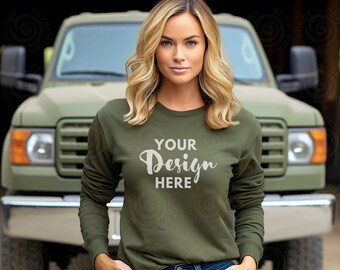 Gildan 18000 Military Green Mockup Sweatshirt Woman Model Mockup Female Gildan Sweater Mockup Halloween Mocks 18000 Fall Sweatshirt Mock POD