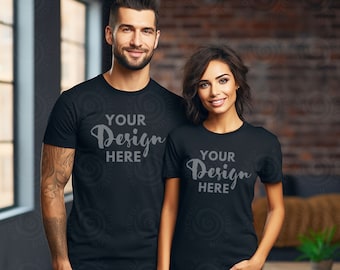 Couple Model Mockups Black Bella Canvas 3001 Black T-shirt Mockup Couple Mockup Men and Women Shirt Mockups Model Mockup Shirt 3001 Black